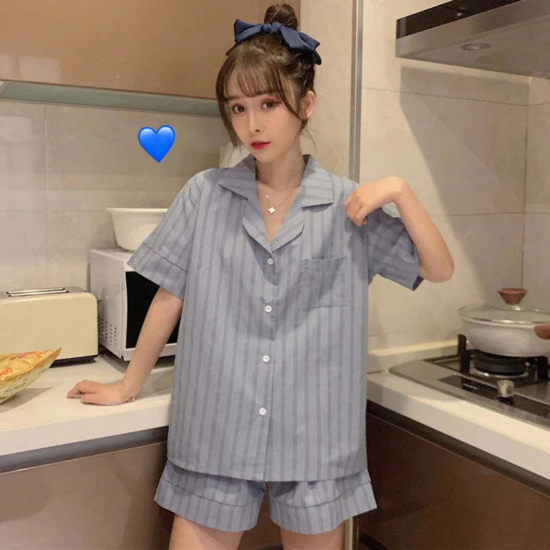 

Хлопковый летний пижамный комплект в полоску, Женский комплект из двух предметов, верхняя одежда, рубашка + шорты, одежда для сна, Повседневн...