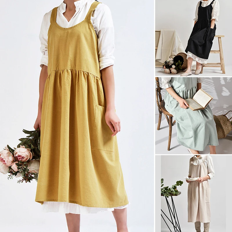 

Long Sleeveless Apron with Pockets Multipurpose Breathable Cotton Linen Workwear for Home Kitchen Garden Free Home & Garden