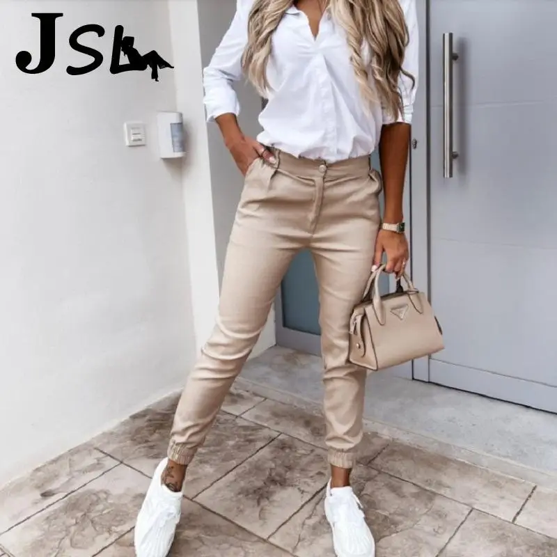 

Solid Slim Fit Women Long Pants 2021 Autumn Elegant Office Lady Bodycon Trousers High Waist Pocket Pencil Pant Casual Sweatpants