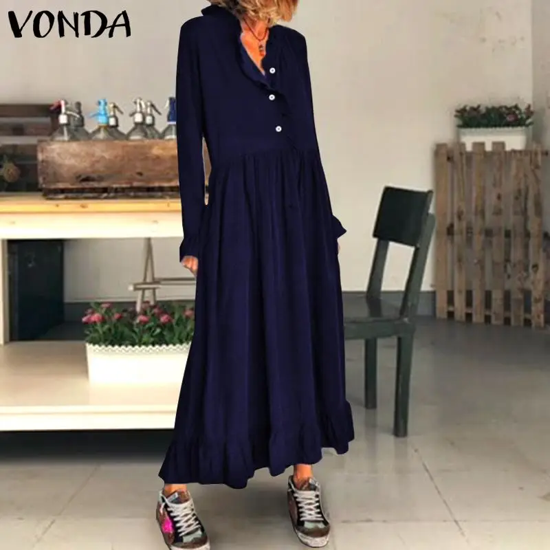 Женское Макси длинное платье VONDA повседневное свободное платье с длинным рукавом и рюшами богемное платье размера плюс сарафан S-5XL женское платье