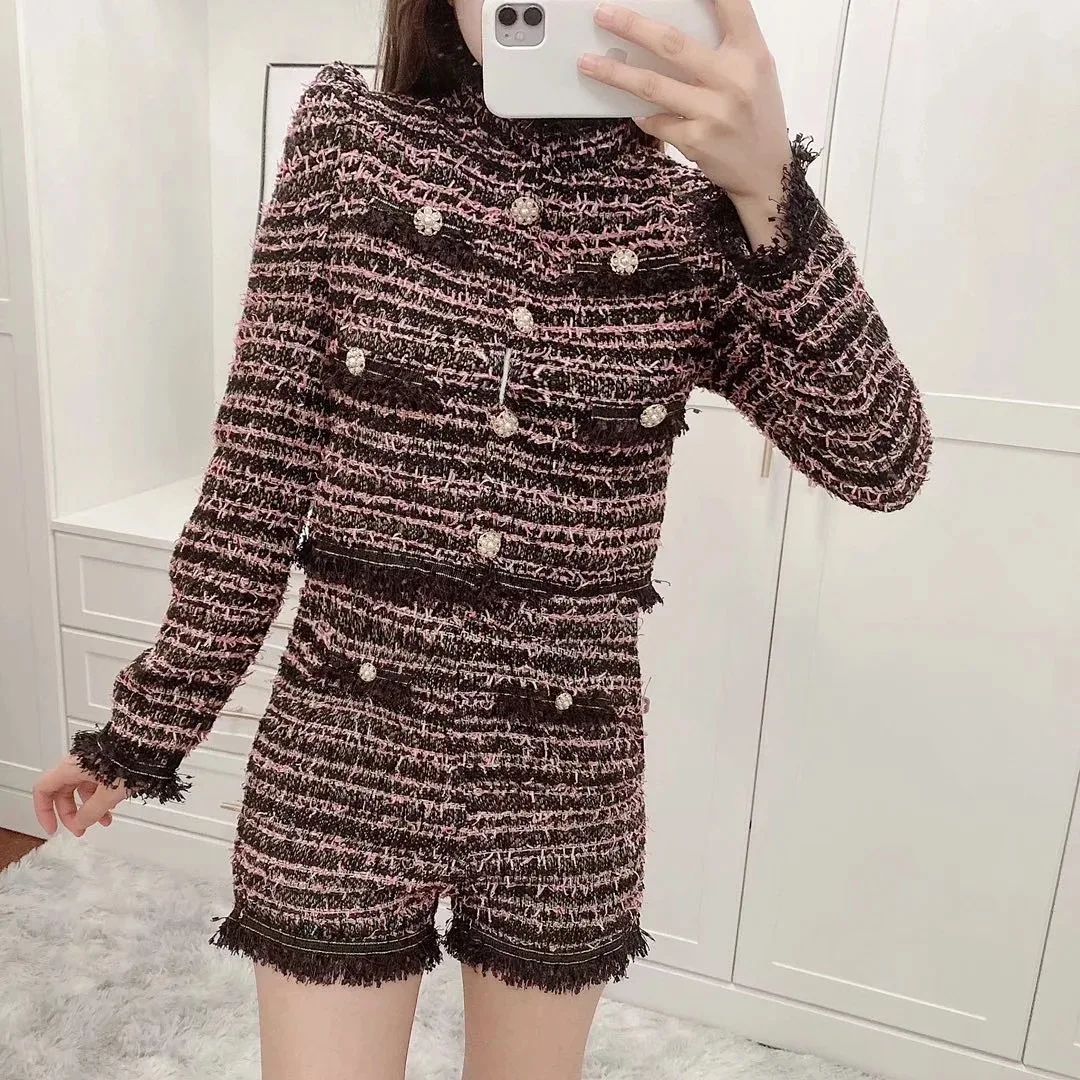 Женский твидовый комплект из двух предметов винтажный клетчатый облегающий