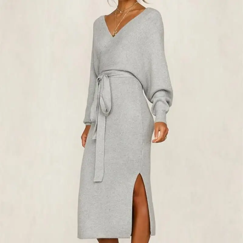 Женское осенне-зимнее платье миди с v-образным вырезом и разрезом по бокам