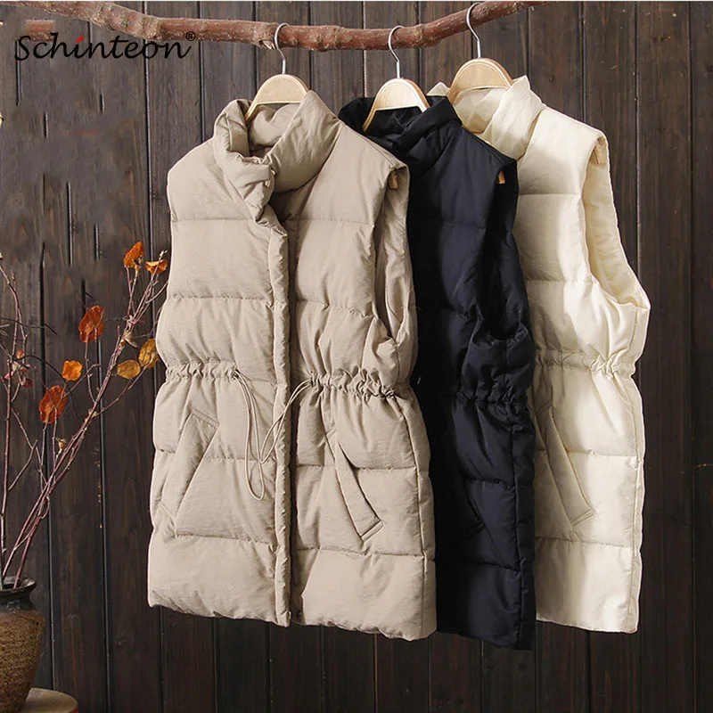 

Schinteon Women Light Down Vest Casual Drawstring Waistcoat 90% White Duck Down Gilet with Adjustable Belt Stand Collar New