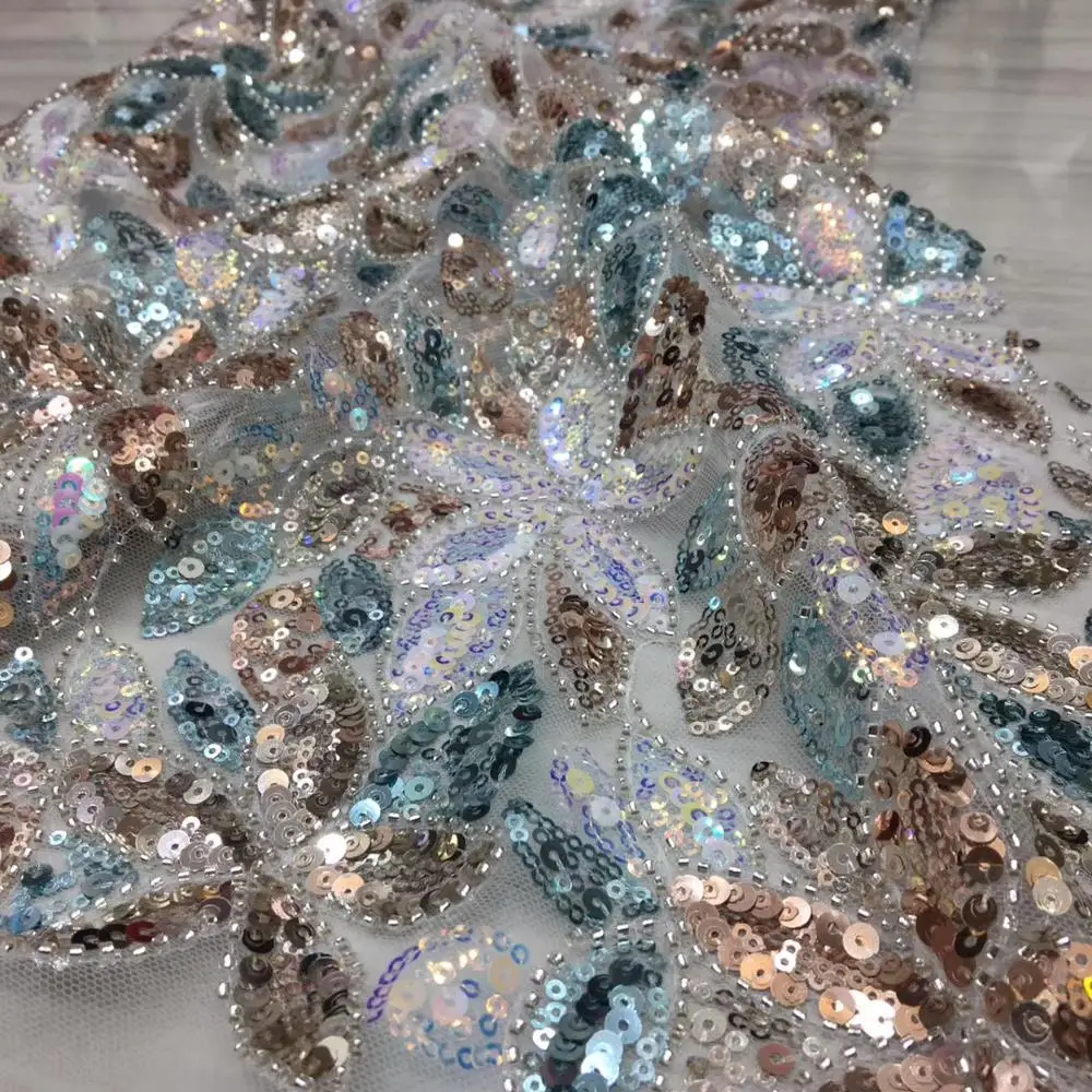 

(5 ярдов/шт) Высококачественная французская кружевная Роскошная расшитая блестками и бусинами африканская сетчатая кружевная ткань для вечеринки FSS215