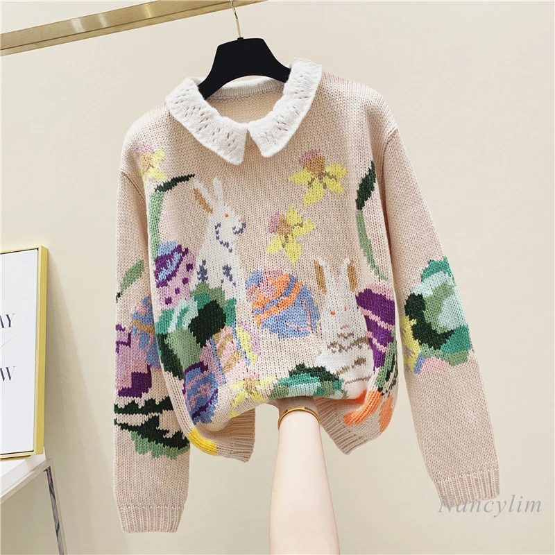 Machine Embroidery Jacquard Cartoon Pattern Doll Collar Pullover Sweater Women's Fashion Jumper 2021 Spring Autumn
