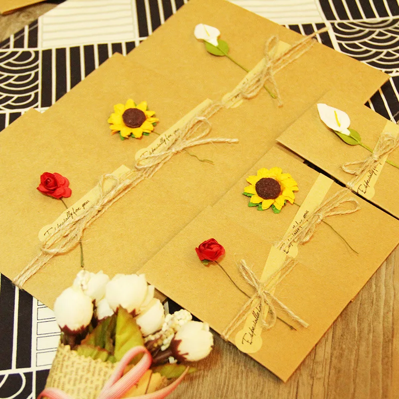 

10pcs Vintage Kraft Paper DIY Gift Card Wedding Invitation Greeting Card Dried Flowers Handwritten Blessing Birthday Envelope