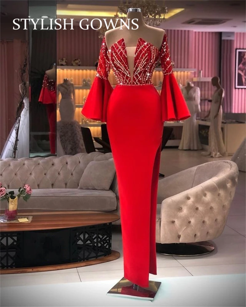 

2021 Red Off The Shoulder Evening Dresses Beaded High Slit Dress For Wedding Party Formal Long Sleeve Mermaid Dinner Gown