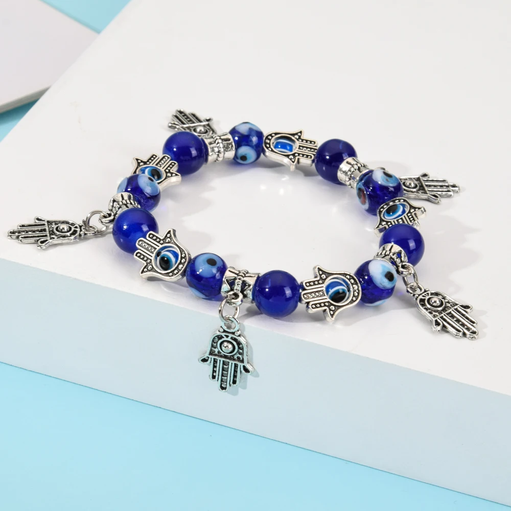 Женский браслет с голубыми турецкими глазами эластичный бусинами|Браслеты