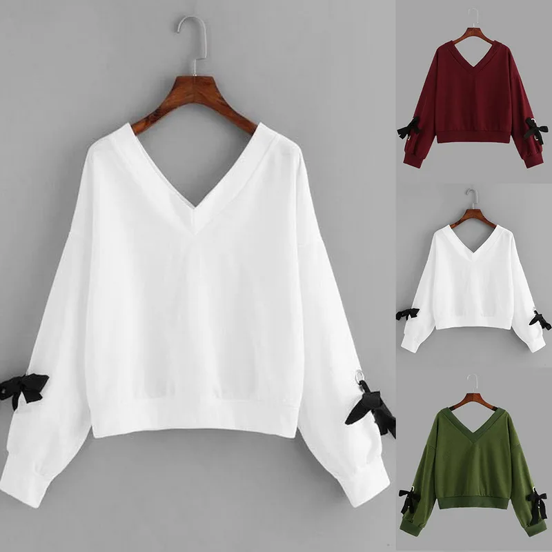 Fashion Sweatshirts Women Sexy V-Neck Bowknot 2019 New Autumn Casual Solid Color Long Sleeve Pullovers Loose Slim Fit Sweatshirt | Женская