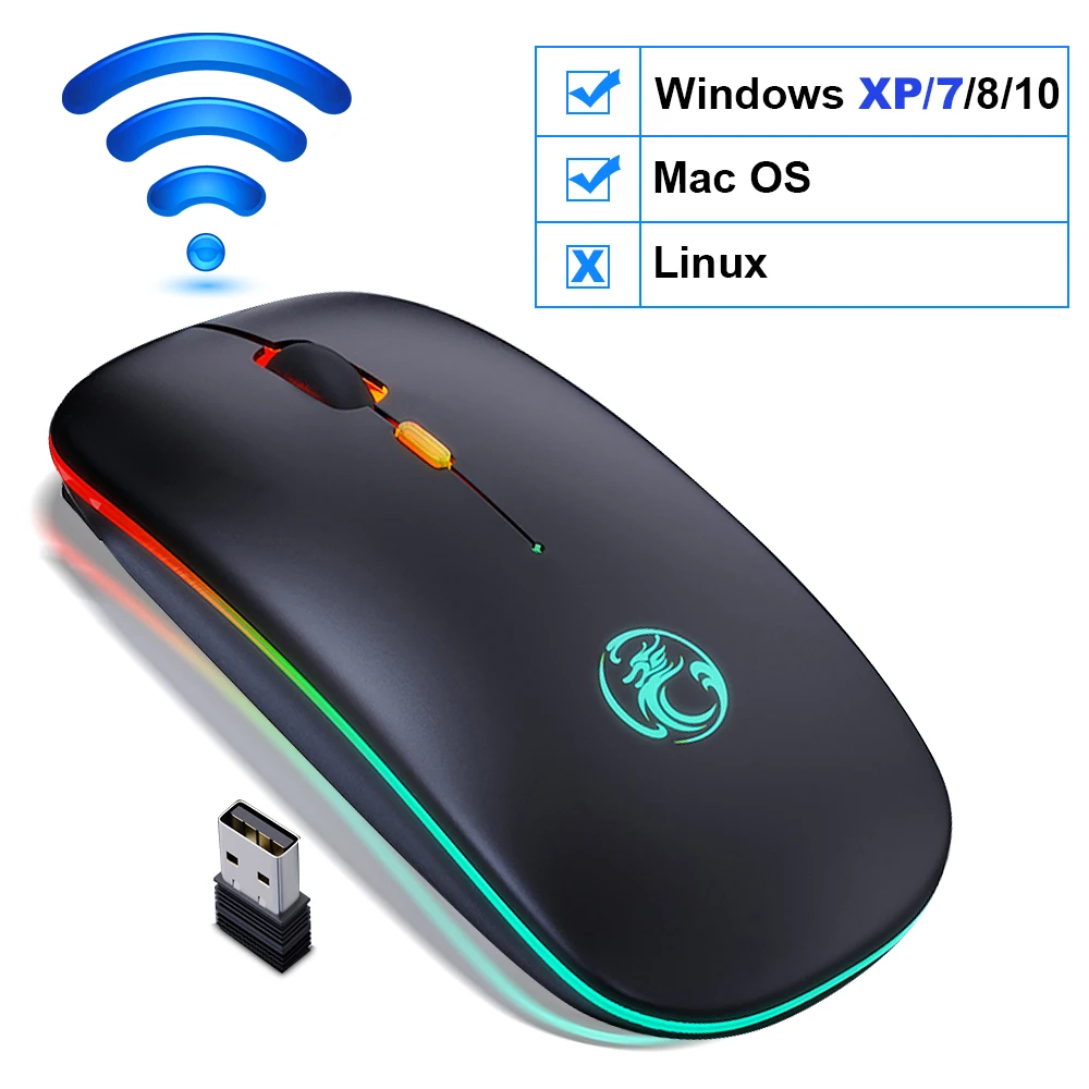 

Перезаряжаемая Бесшумная Bluetooth беспроводная мышь RGB для офиса, дома, USB-приемник, 2,4 ГГц, оптические мыши для ноутбука, ПК, черные, серебристые