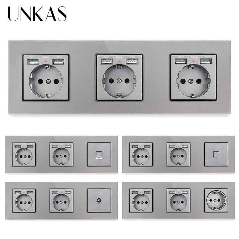 Сетевая розетка UNKAS с двумя USB-портами и ТВ разъемами RJ11 RJ45 258*86 мм | Обустройство