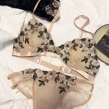 French thin embroidered push up bra and panty mesh triangle cup no steel ring big breasts small top support bralette sexy linger (2)