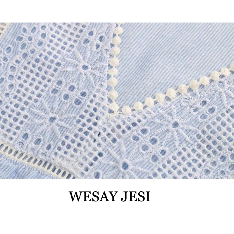 

WESAY JESI Women's Dress Fashion New V-Neck Spring & Summer Hollow Out Elegant Solid Blue Dresses Short Sleeve Home Leisure