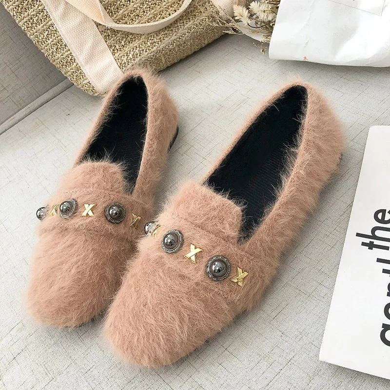 Женские лоферы теплая плюшевая женская обувь на плоской подошве слипоны с