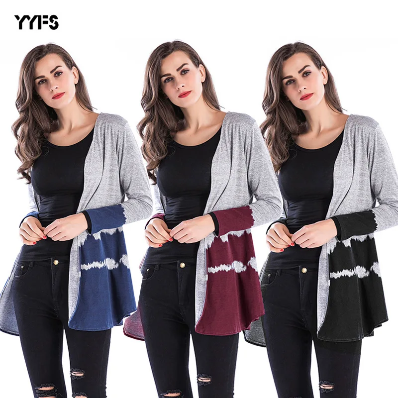 Женский длинный вязаный кардиган Свободный без воротника с градиентными цветами