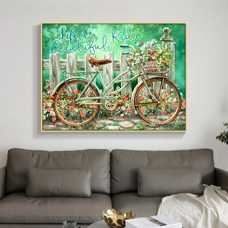 Полноразмерная 5D картина сделай сам из страз велосипед и цветок 3D вышивка