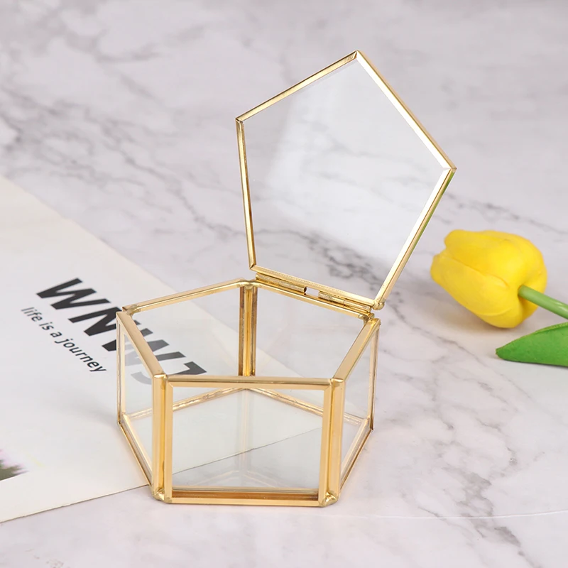 

1PC Geometrical Glass Jewelry Box Flower Room Ring Box Earring Box Jewelry Organizer Gold transparent
