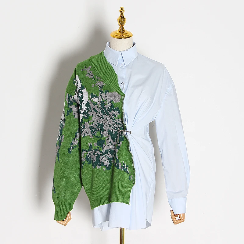 TWOTWINSTYLE лоскутное хит цвет Kitting рубашки женские воротник с лацканами длинным рукавом Высокая талия Туника нерегулярные Блузки Женская мода
