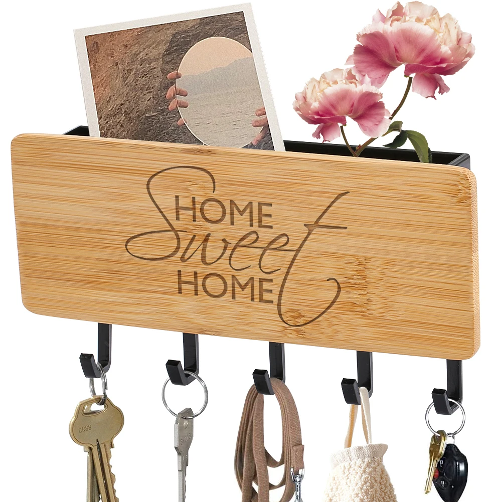 

Bamboo Wood Key Hanger with Home Sweet Home Pattern Black White Multifunctional Entrance Storage And Wall Hanging for House