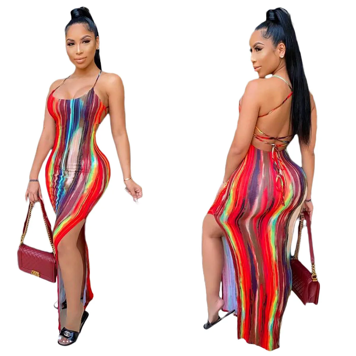 

Oluolin Women Tye Die Style Skinny Maxi Dress Colorful Striped Print Spaghetti Strap Backless Beach Style Sexy Streetwear Outfit