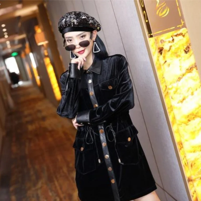 

Genuine leather split from the vintage dress of female velvet spring long sleeve adjustable single breasted waistband dress mini