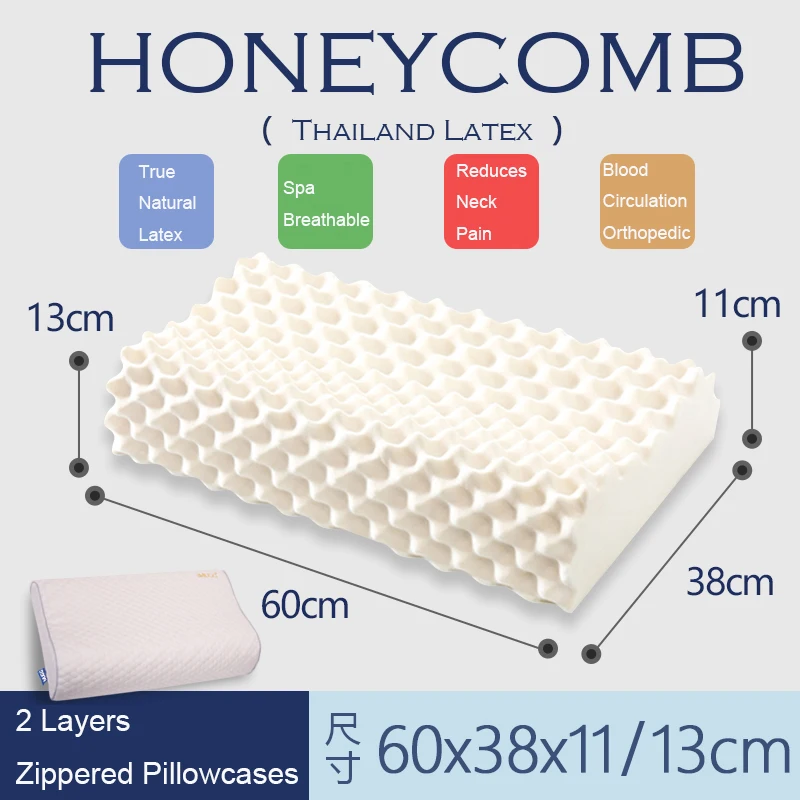 

Free Shipping Thailand Natural Latex Massage Pillow for Stress Relief Organic Cervical Honeycomb Pillow, 60x38x11x13cm