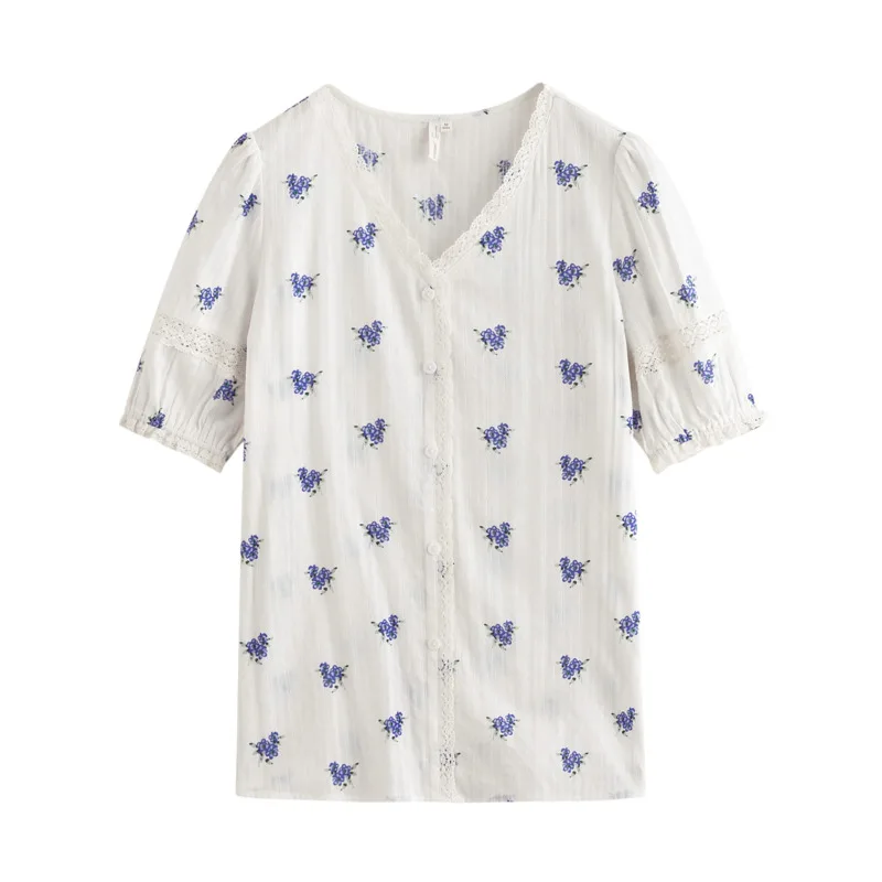 

INMAN Summer Artsy Cotton Blouse Women Elegant Vintage Hollow Out Cut Off Lace Border Sleeve Floral Print V-Collar Tops Shirt