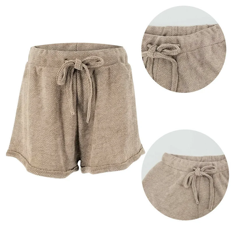 

Women Knit Elastic Waist Shorts, Summer Casual Solid Color Pants, Loose Hemming Shorts with Drawstring