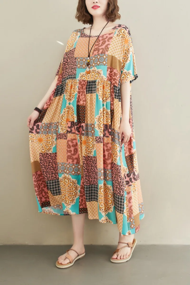 

Cotton Linen Plus Size Women's Artistic Loose Mid-Length Plump Girls Slimming Slim Fit Printed Summer Short Sleeve Dress