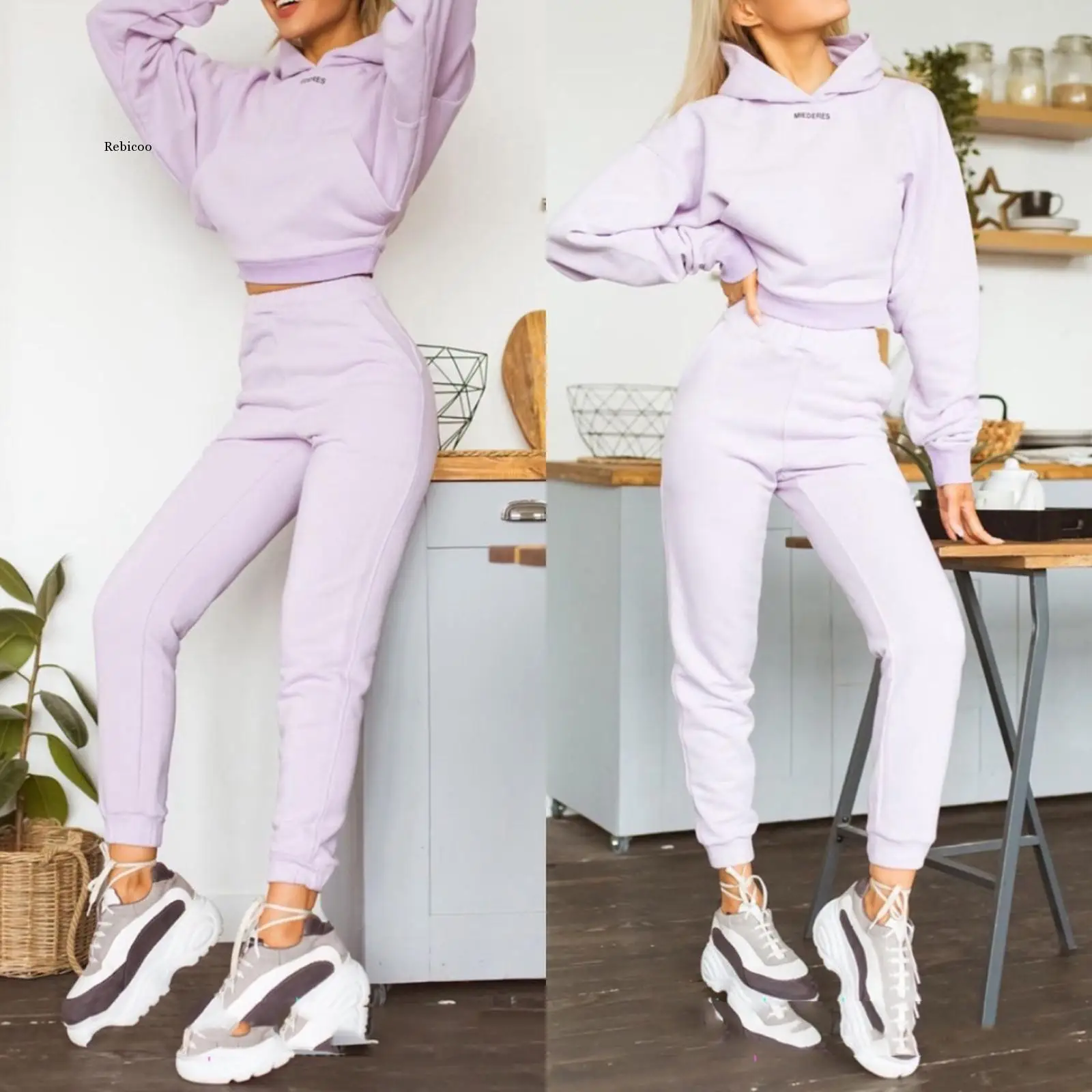 

Women Sexy Sets Suit Cropped Hoodie+High Waist Pants Sexy Set Solid Color Long Sleeved Tracksuits Slim Crop Trousers Sports Suit