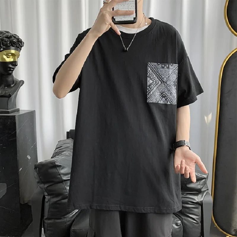

Ins High Street Fashion Brand Buttoned Short-sleeved T-shirt Men's 2021 Summer New Trend Loose Half-sleeved Round Neck T-shirt