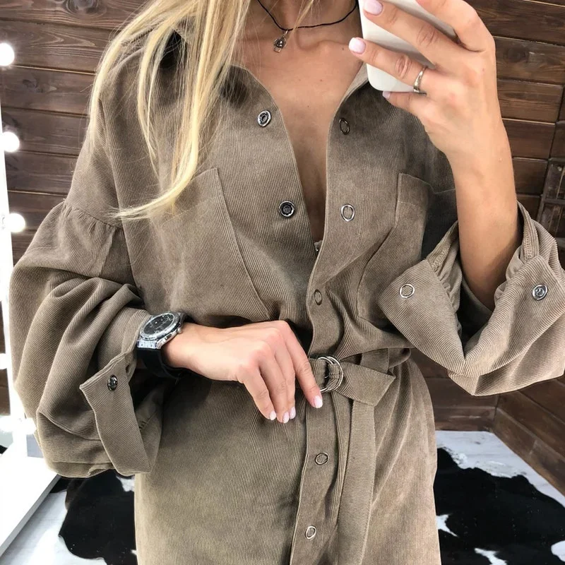 

Women Casual Puff Sleeve Fashion Mini Dress Front Buttons Pockets Loose Women Color Turn Down Collar Autumn New Dress