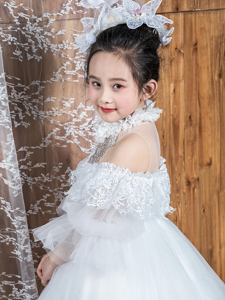 

Elegant Lace Flower Girl Dress Turtleneck Shouderless Long Trailing Robe Crystal Ball Gown For Wedding Birthday Party