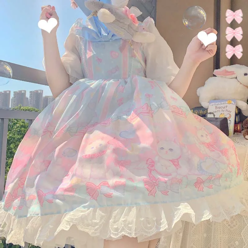 

Summer Women Dress Japanese Sweet Bow Girl Dreamcatcher Lolita Maid Dresses Kawaii Sleeveless Lace Suspender Princess Dress 2021