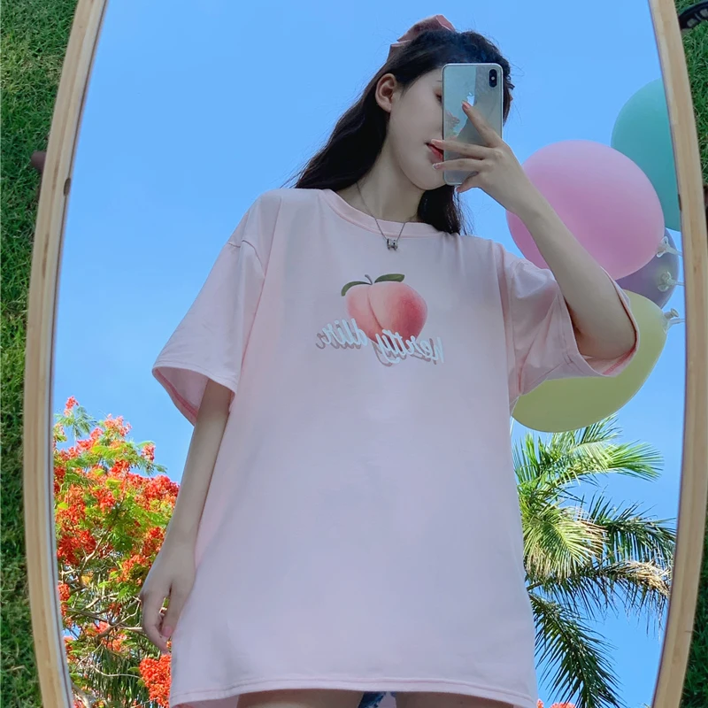 

Harajuk Kawaii Peach Fruit Tshirts Short-Sleeved Women's Sweet And Cute Casual Clothes Vintage Oversized Korean Style Tops 2021
