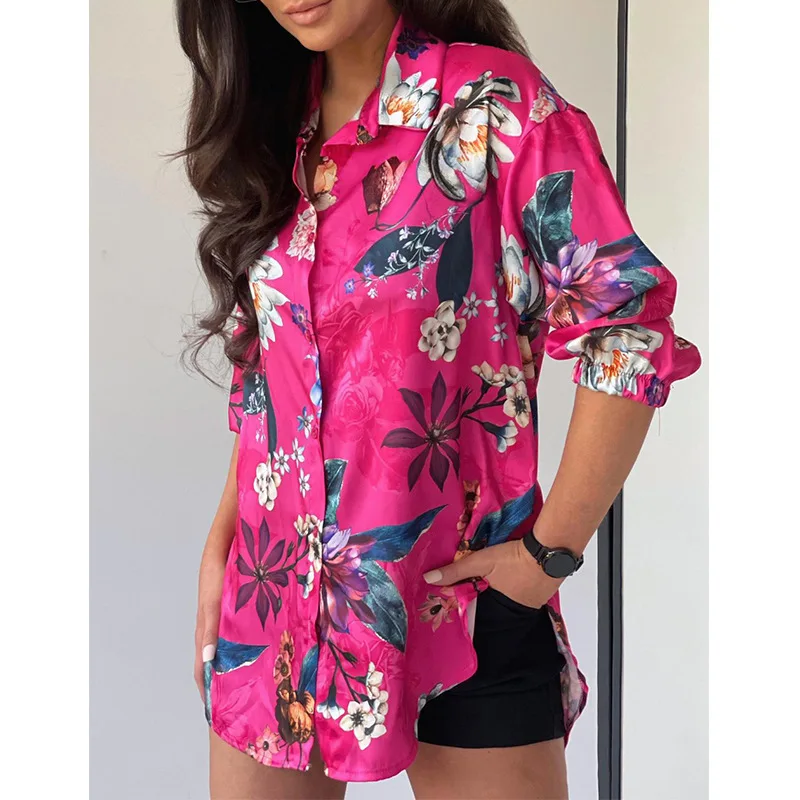 

lapel Print Shirt for Women Button Long Sleeve Blouses Casual Vintage Shirts Loose Red Blouses Femme Tops Clothing Lady 2021