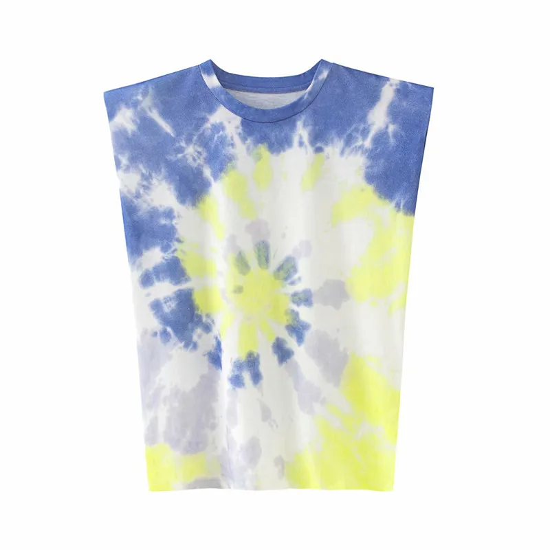 

Женская хлопковая блузка с цветным принтом, круглым вырезом, без рукавов