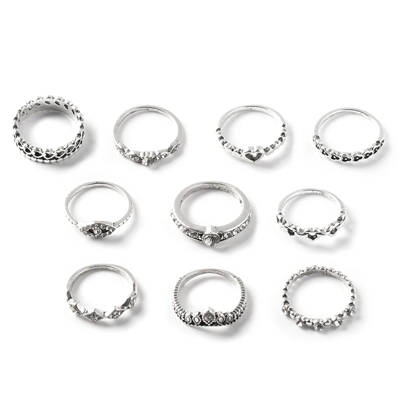 

10pcs/set Vintage Silver Crystal Evil Eyes Rings Set For Women Boho Heart Knuckle Finger Ring Female Fashion Jewelry Accessories