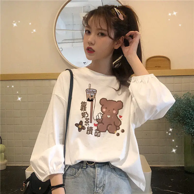 

Spring Women Lantern sleeve T-shirt Letter Little bear Sweatshirt Warm Thick Velvet Vintage Oversized Teens Pullover Couples