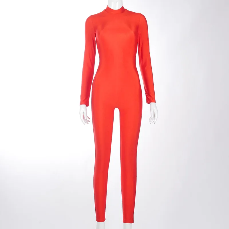 

Spring Autumn Streetwear Solid Color High Neck Long Sleeve Slim Pencil Leg Sexy Bodycon Jumpsuit Elastic Clothes Female