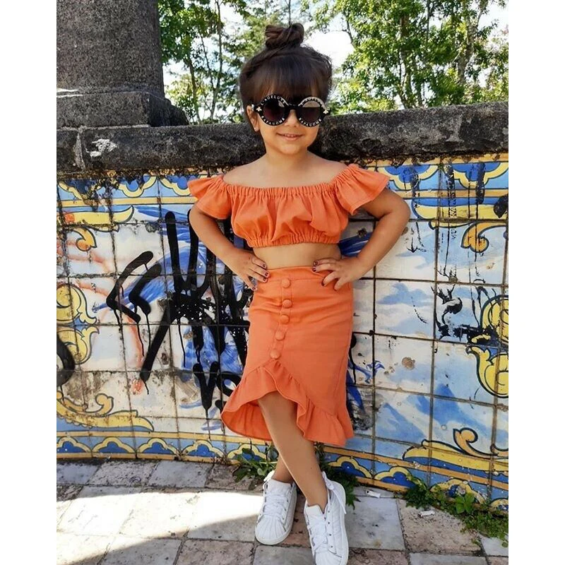 

Летний топ с открытыми плечами для маленьких девочек, оранжевая короткая юбка-трапеция с оборками, 2 шт./компл., одежда для детей ясельного во...
