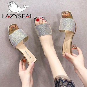 LazySeal Summer 7cm Spike Heels Crystals Slides Slip On Shoes For Women Slippers Beach Ladies Luxury Fashion Female Dress Shoes