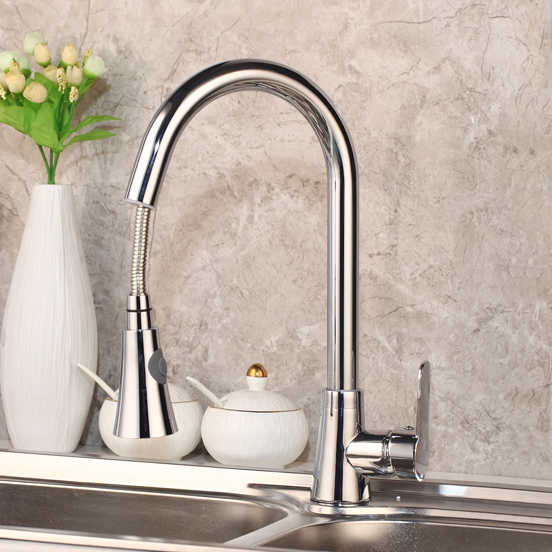 Kitchen Tap 5 Monite Твердый латунный выдвижной кухонный кран хромированный полированный кухонный смеситель для раковины вытяжной душ кухонный кран опрыскиватель - Color: Kitchen Tap 5