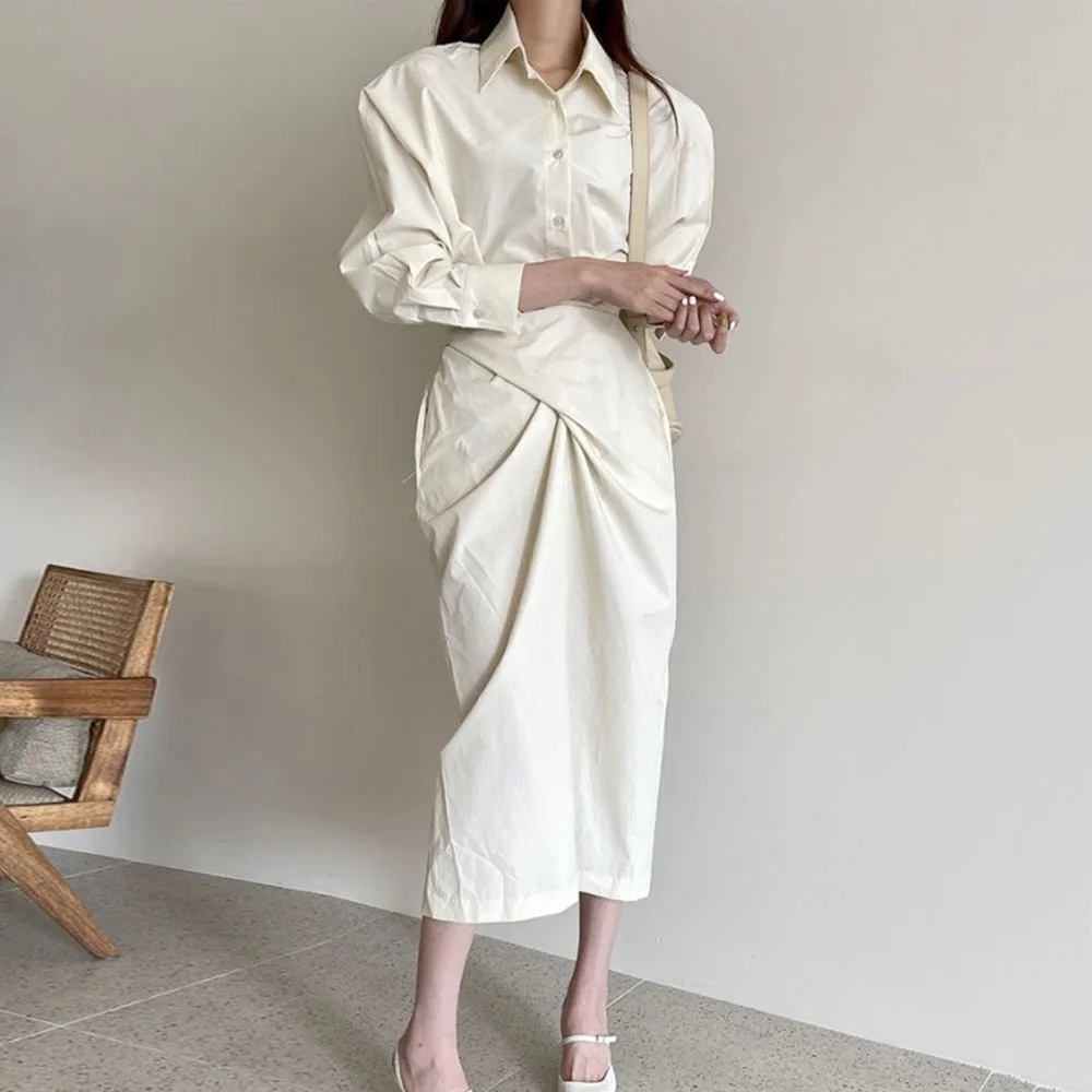 

Korean Fashion Design 2021 Autumn New Dress Simplicity Lapel High Waist Cross Solid Color Long Sleeve Simplicity Loose Women's