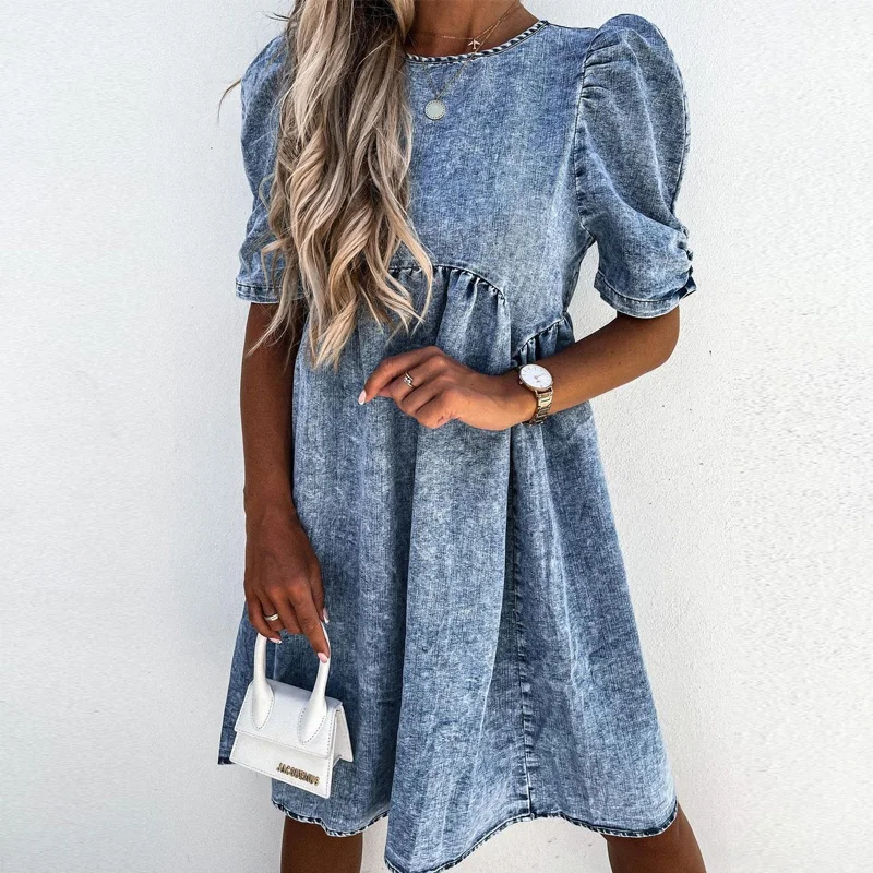

Summer Casual Short Sleeve Cowboy Party Dress Elegant Puff Shoulder Women Denim Dress Spring O Neck Jean Office Lady Vestidos