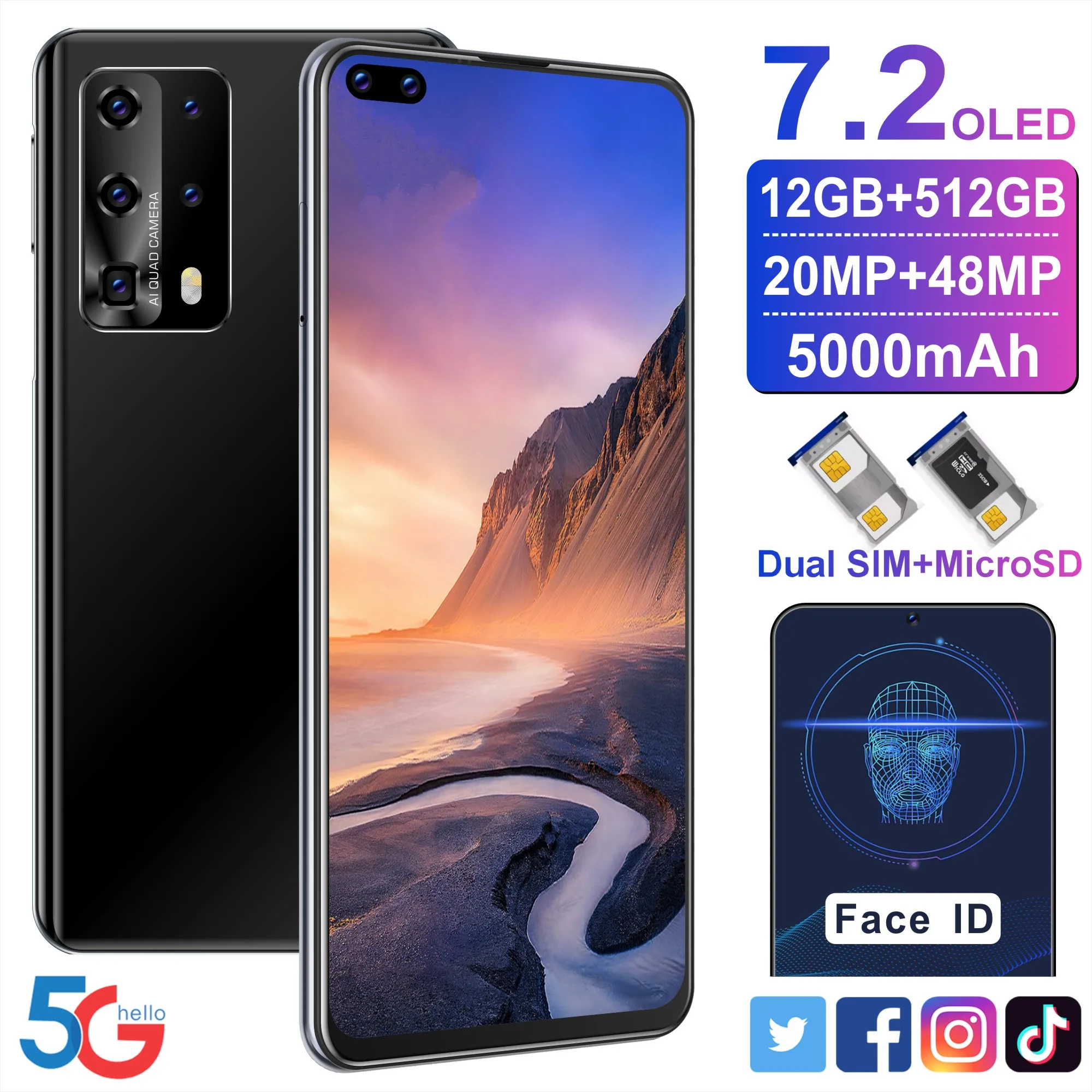 

P49Pro Android10.0 Large memory 12-512GB dual card dual Standby 7.2-inch hd large screen face recognition gaming smartphone