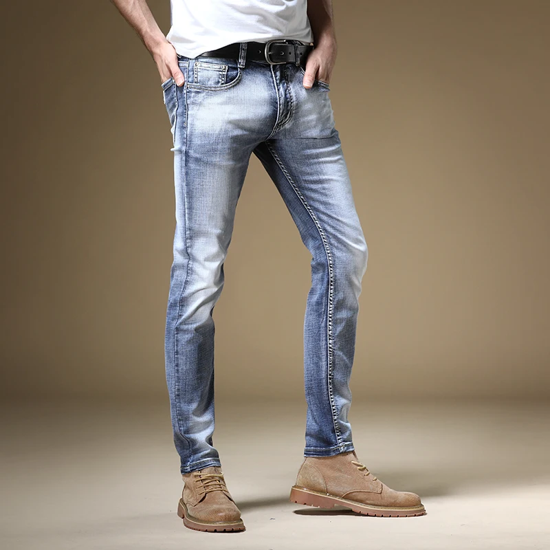 Men Stretch Light Blue Jeans Fashion Cotton Straight Slim Fit Pants Casual Streetwear Denim Trousers