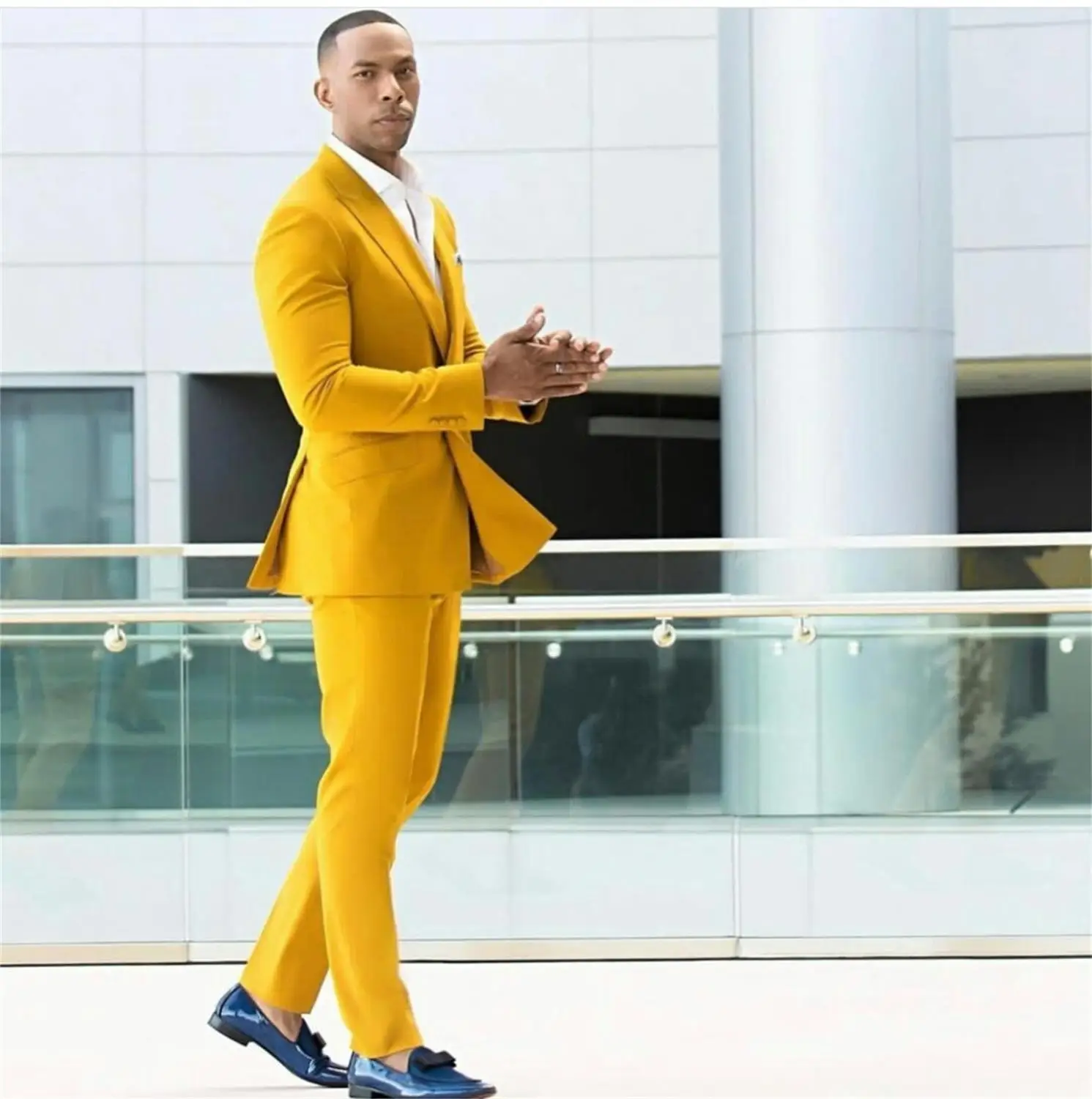

Handsome Yellow Mens Suits 2 Pieces Groom Best Man Pants Suit Business Wedding Tailored Blazer Jacket (Jacket+pants+tie))