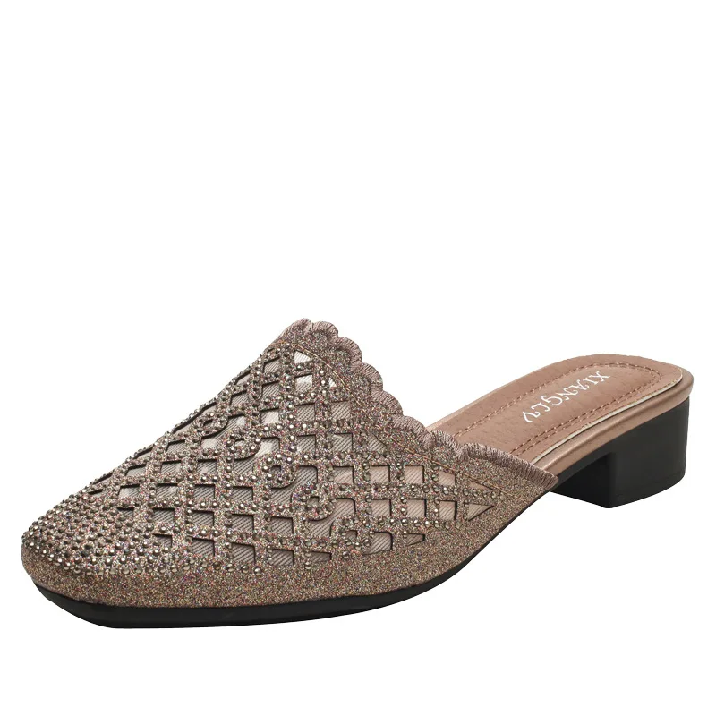 

Women's toe box sandals summer new outdoor mesh breathable rhinestone mid heel elegant pointed sandals