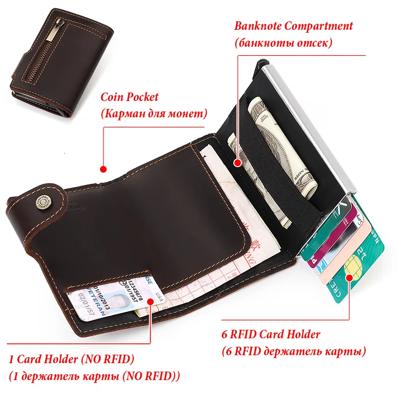 Кошелек мужской из кожи Крейзи Хорс Алюминиевый с RFID-блокировкой для кредитных